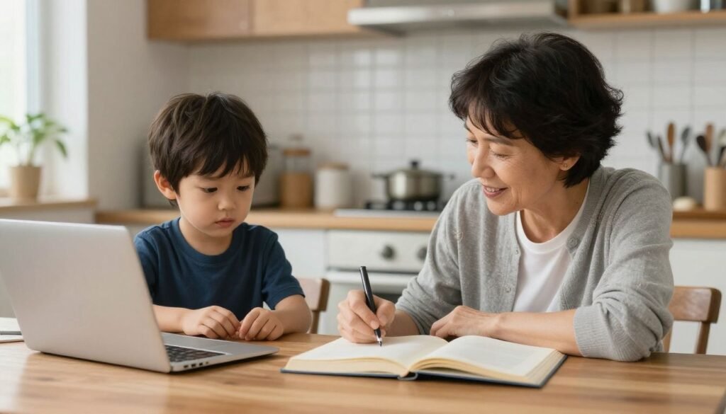 Madre e hijo conversan en la mesa de la cocina