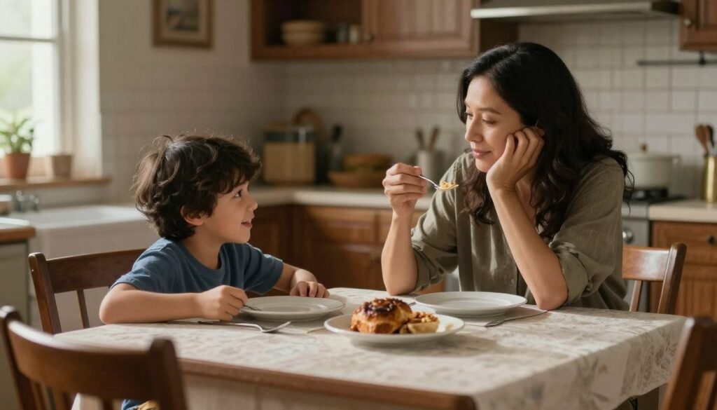 Madre e hijo conversan en la mesa de la cocina