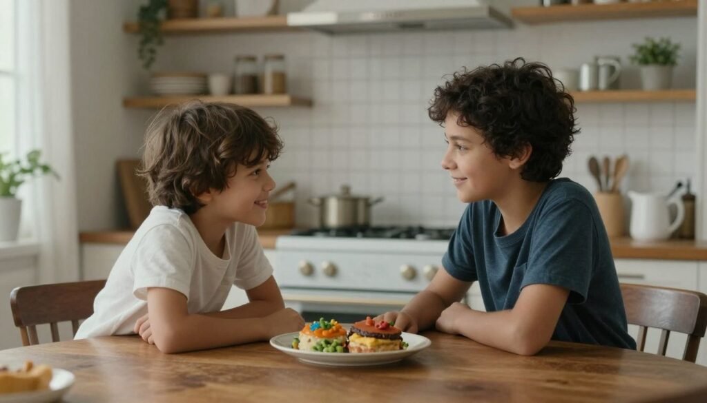 Madre e hijo conversan en la mesa de la cocina