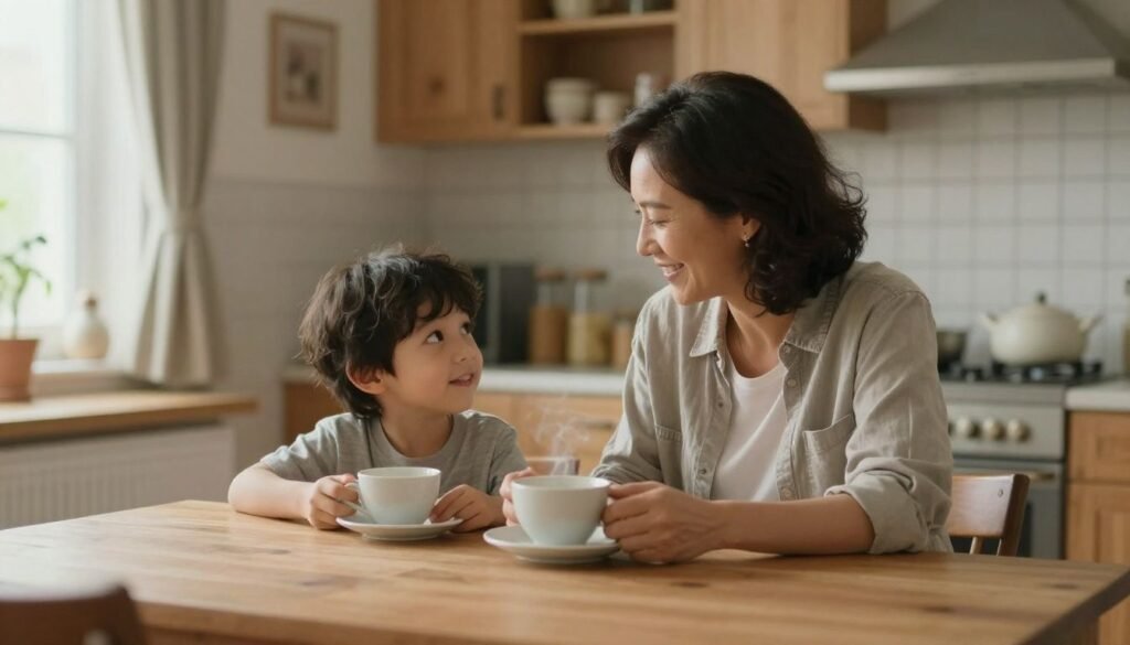Madre e hijo conversan en la mesa de la cocina